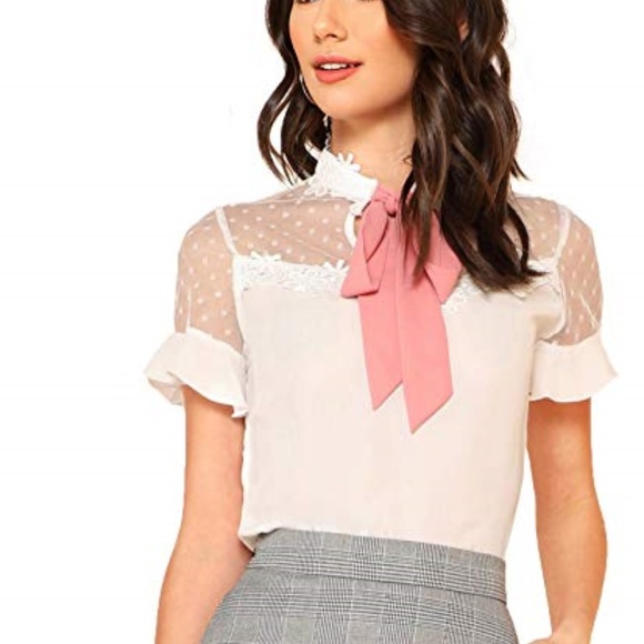 Short Sleeve Tie Neck Mesh Patchwork Chiffon Blous - Picture 1 of 1